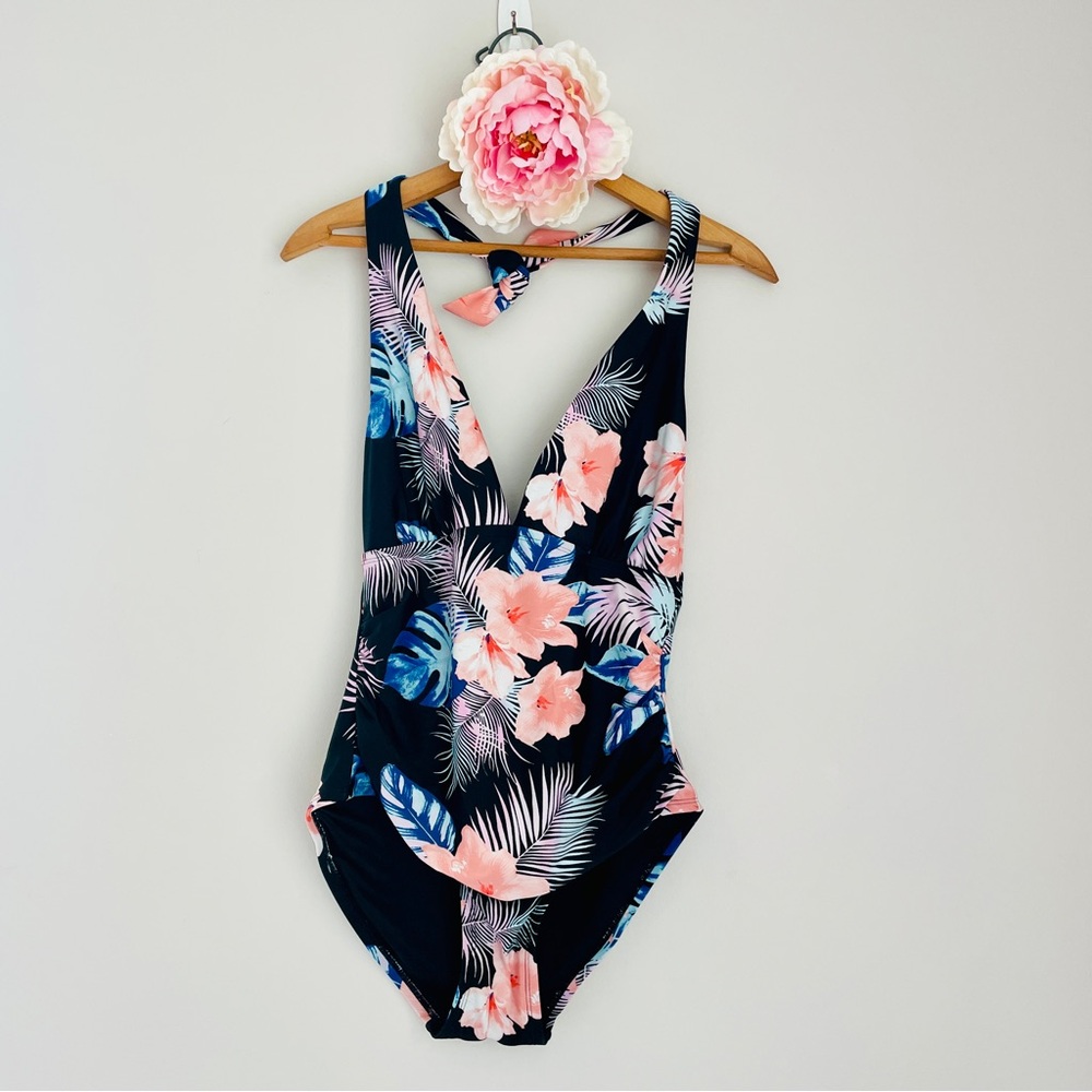 DKNY Black One-Piece Swimsuit Black Vibrant Tropical Floral Accents Large - Picture 3 of 9